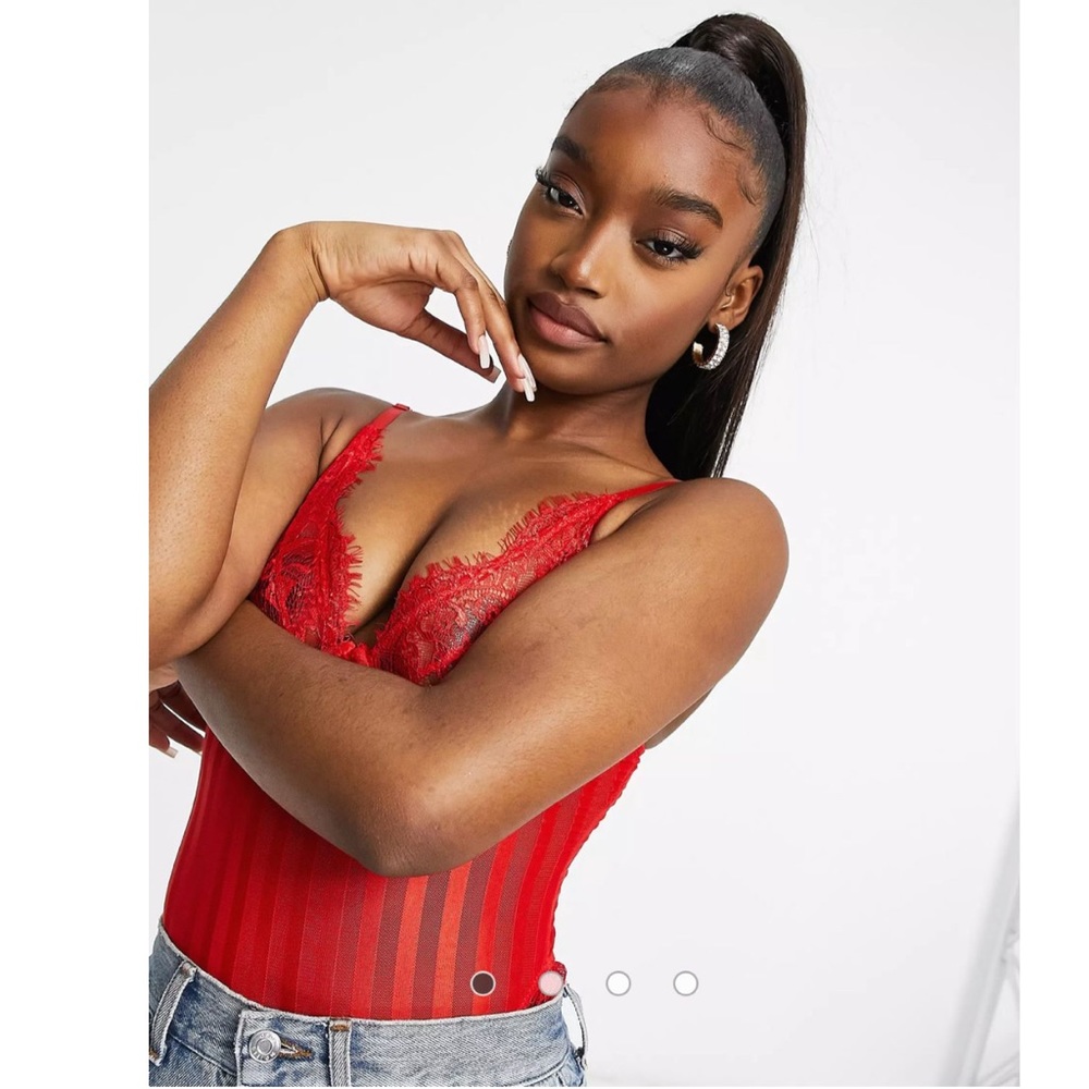 Red V neck Lace Sexy Bodysuit - Picture 11 of 14